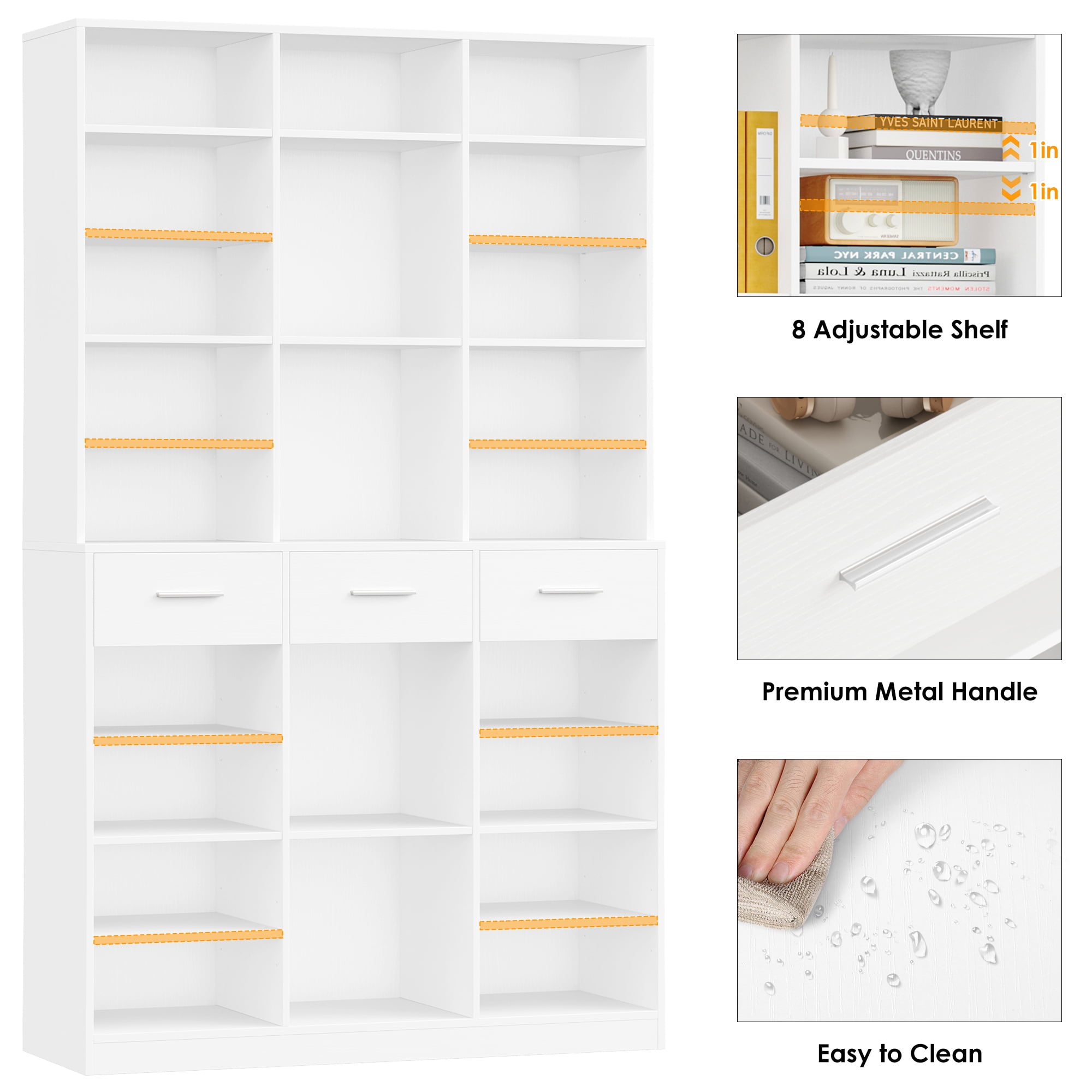 Homfa 75-Inch Bookshelf and Bookcase with 3 Drawers, Wooden Storage Book Shelf with Adjustable Shelves For Living Room, Home Office, White