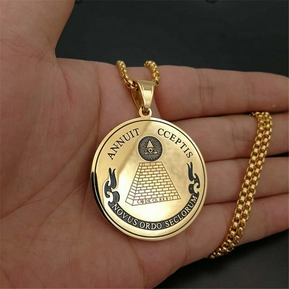 Hip Hop Round Coin All Seeing Eye of Providence Pendants Necklaces For Women/Men 14K Yellow Gold Masonic Jewelry