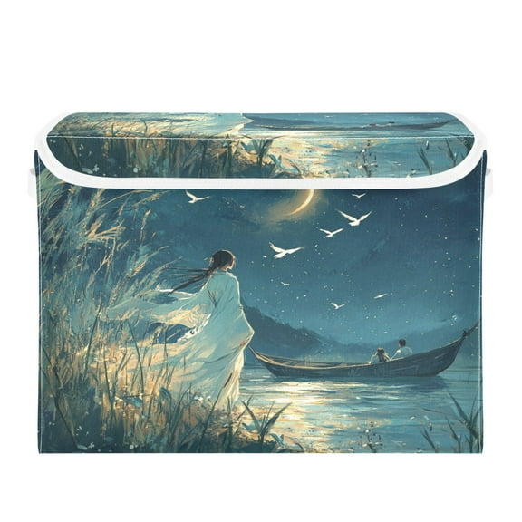 Storage Box With Lid 16.5x12.6x11.8In Foldable Stacked Household Storage Box Beautiful Green Moon