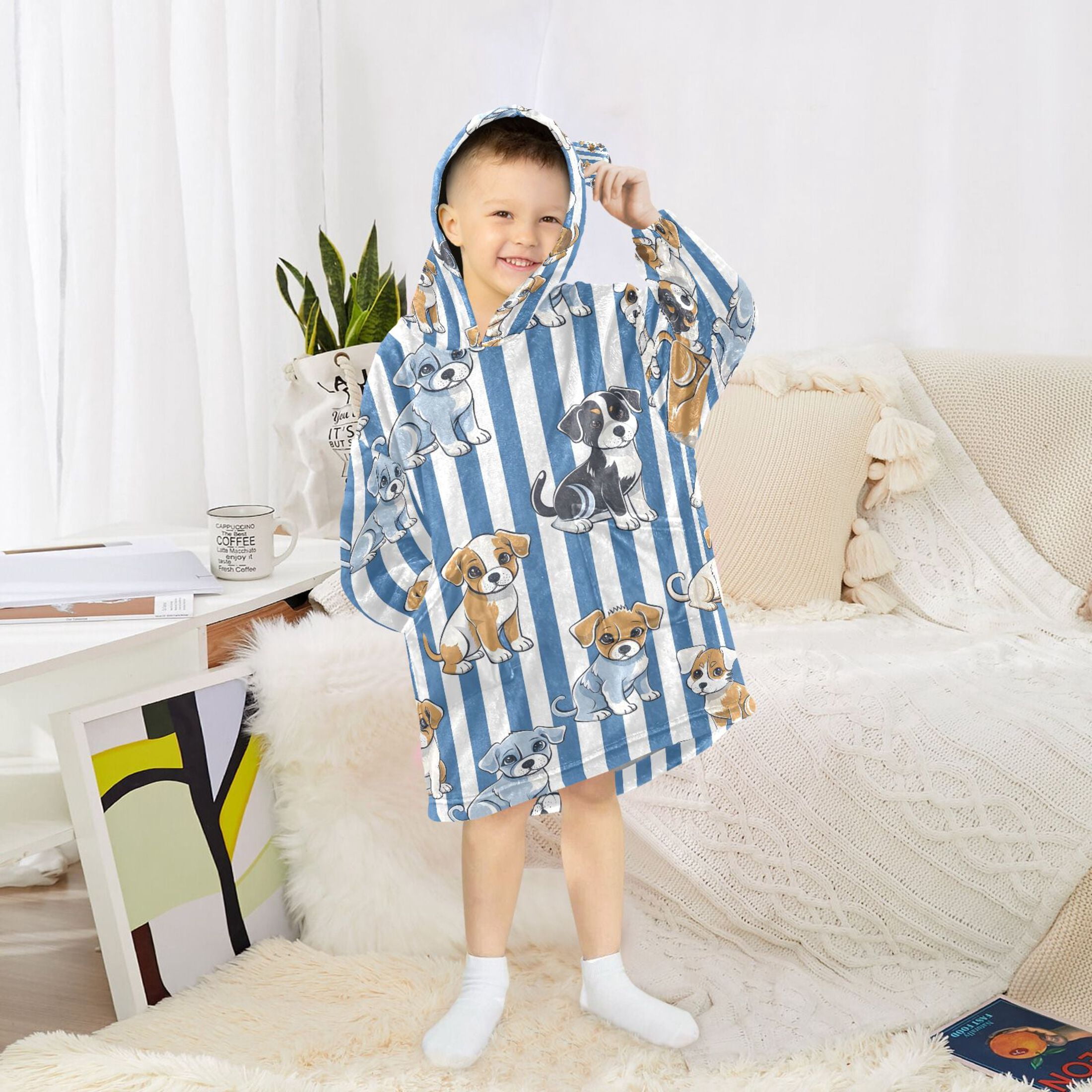 joogoo Wearable Blanket Hoodie for Cartoon Puppy Dog Stripes Flannel Sherpa Pocket 3-14 YR S