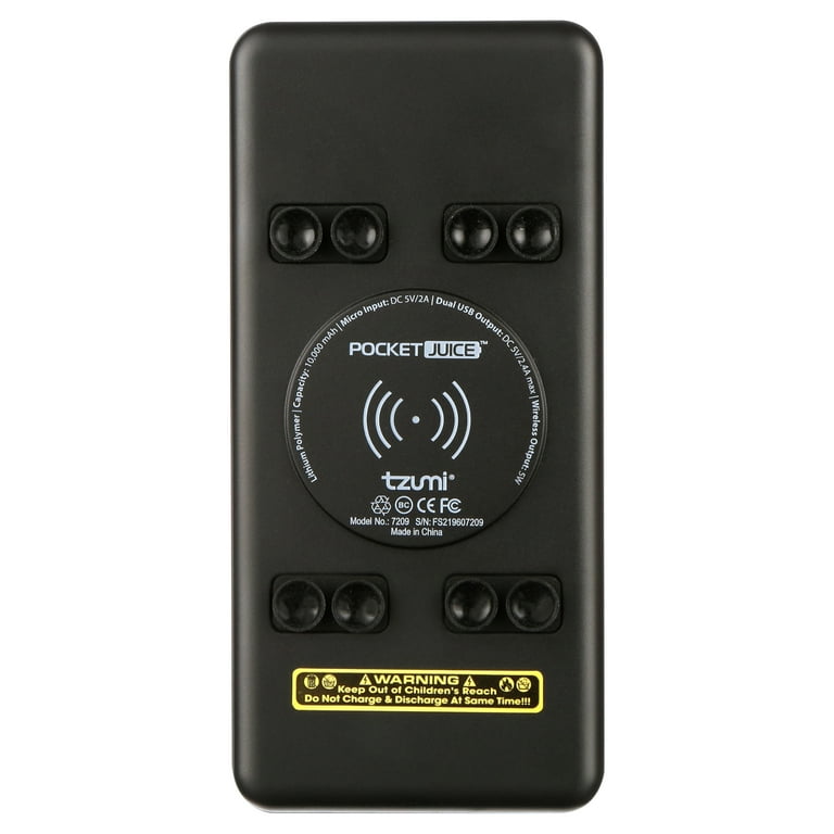 Pocket Juice 10K Plus, 3-in-1 10,000mAh Portable Charger with High-Speed Wireless Charging, Black
