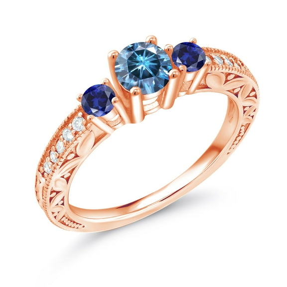 Gem Stone King 18K Rose Gold Plated Silver 3-Stone Ring Round Persian Blue Moissanite and Created Sapphire Blue (0.91 Cttw, Size 9)