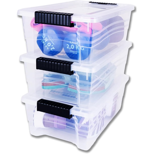 Caja de Almacenamiento de Plástico Paquete de 3, Organizadora Apilable con Broche, Contenedor de 7 Litros. Tapa Duradera e Ideal para Organizar Zapatos, Ropa y Juguetes (37x23x13 cm)
