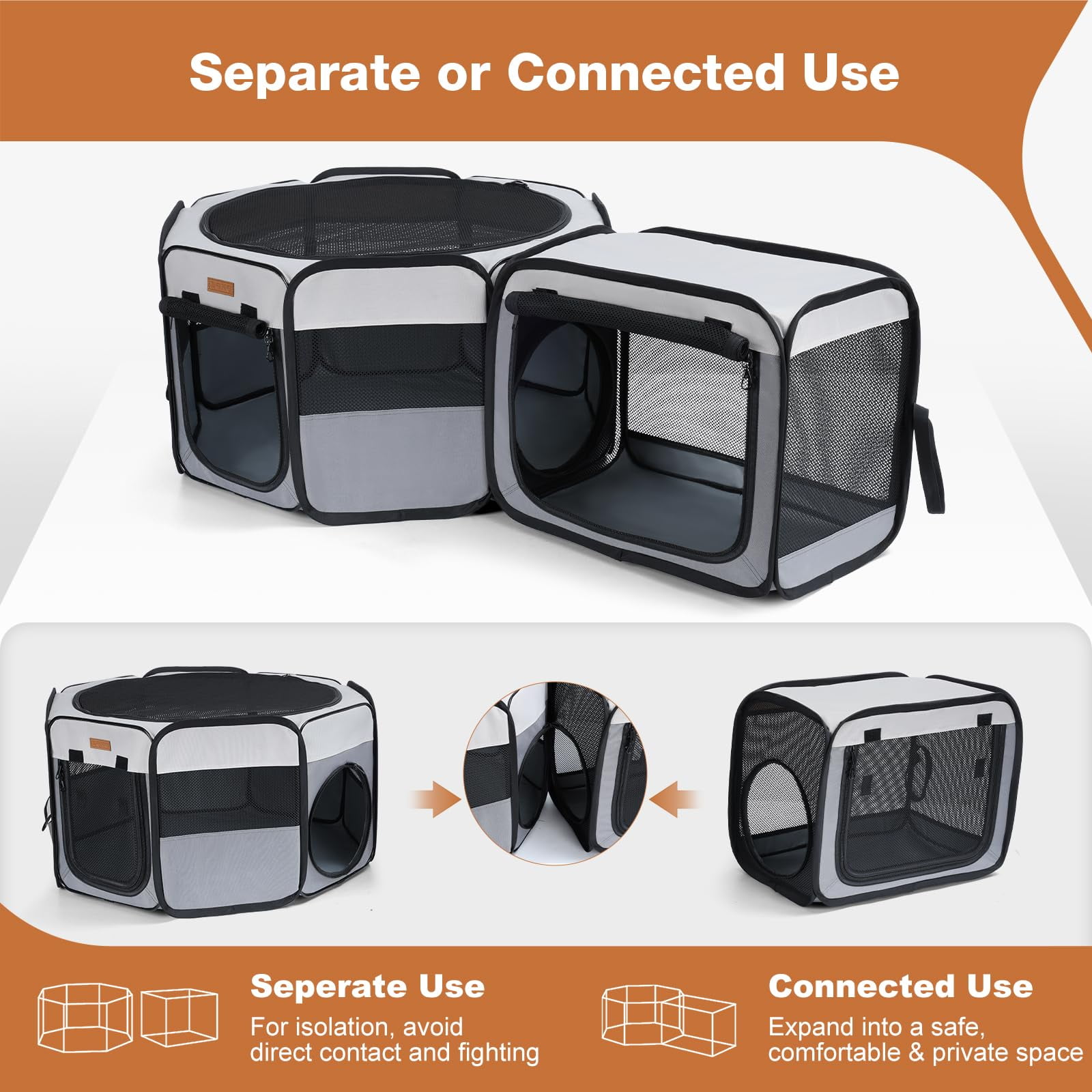 Lekereise Portable Cat Playpen, 47" × 16" Cat Playpen, 2-in-1 Dog Playpen Indoor Outdoor for Cats, Puppies and Small Pets, Independently Usable, with a Carry Bag