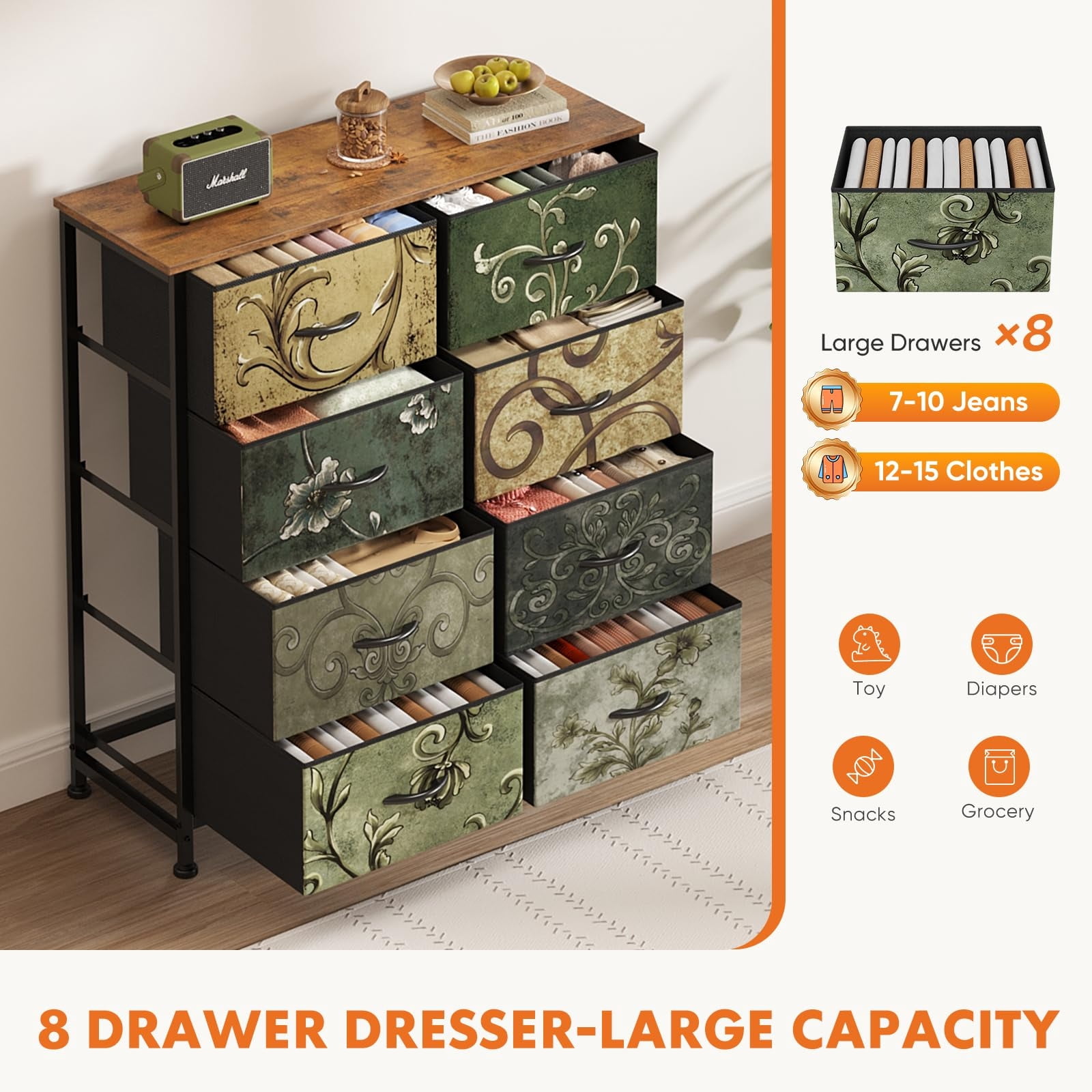 Telyra 8-Drawer Fabric Dresser Tall Storage Tower with Wood Top and Steel Frame Bedroom Closet Organizer, Floral Painted