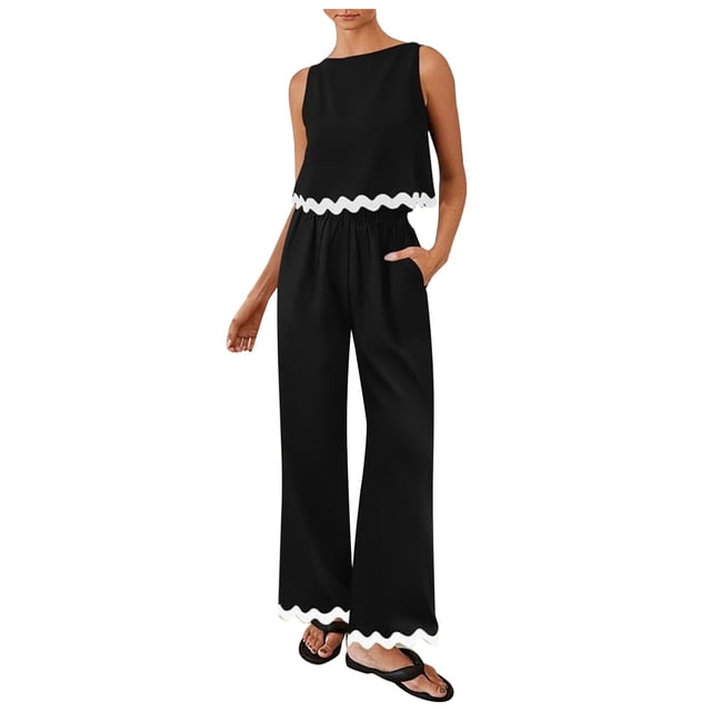 OJinShaWanO Flowy Pants Womens Sleeveless Tank Crop Top Wide Leg Pants Set