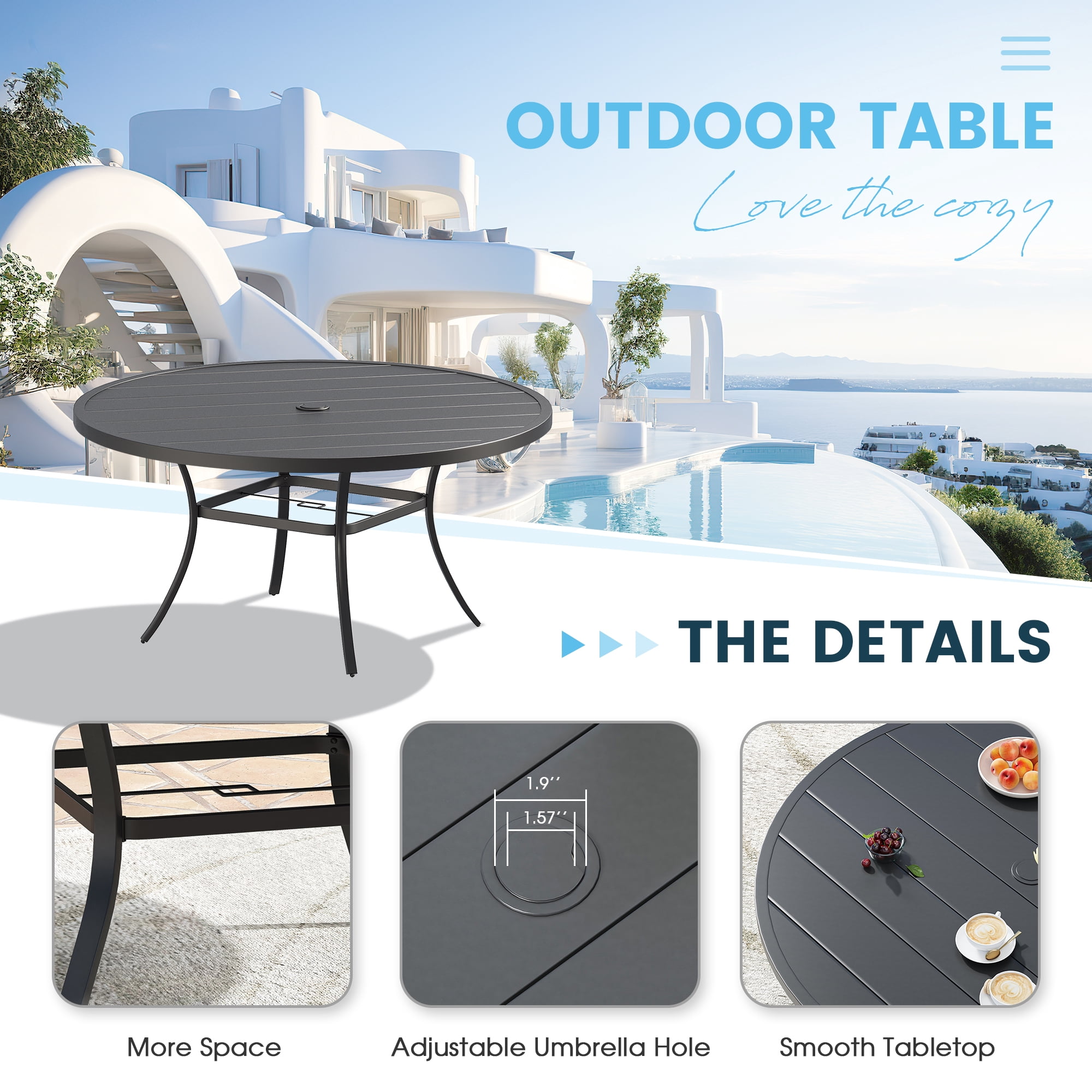 DIFY 7PCS Patio Dining Furniture Set, 53" Round Slatted Table and 6 Swivel Textilene Chairs