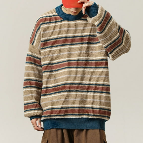 Awdenio Mens Sweaters Fall Grandpa Striped Sweater Men Knit Oversized Crew Neck Long Sleeve Pullover Sweater,Size M