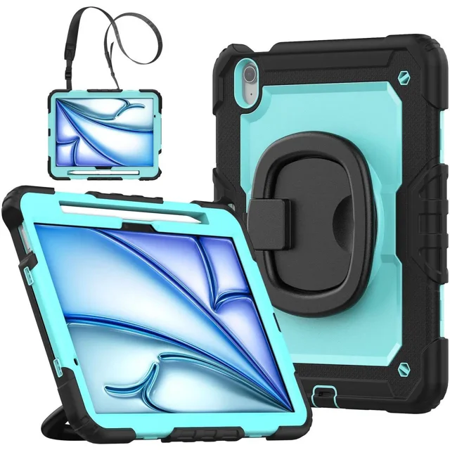 Case for iPad Air 11 inch M2 M3 2025 2024 6th 7th Generation, Shockproof Protective Cover with Screen Protector, Rotating Stand, Hand/Shoulder Strap, Pencil Holder
