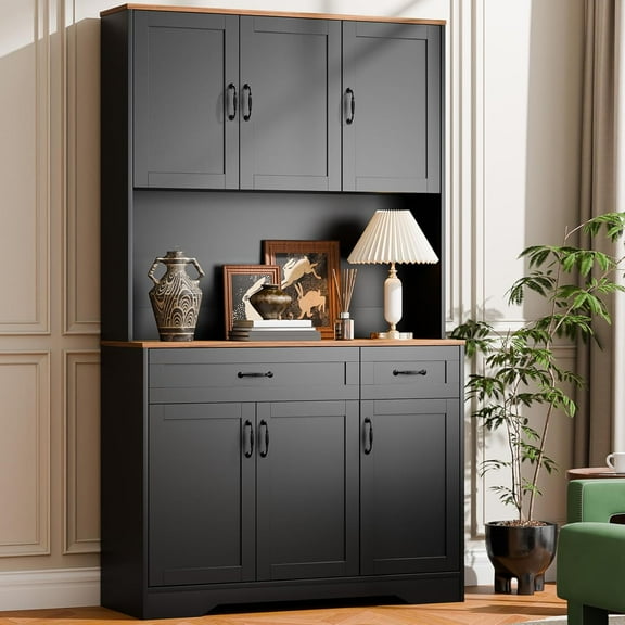 Cozy Castle 71" Tall Kitchen Hutch Cabinet with Drawers and Power Outlet, Farmhouse Pantry Storage Cabinet, Large Wood Coffee Bar Microwave Stand Cupboard for Dining Room Living Room, Black