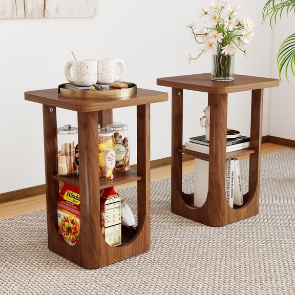 Oubayajia Side Tables Set of 2, Small End Table with Storage Shelves for Living Room, Bedroom, Walnut