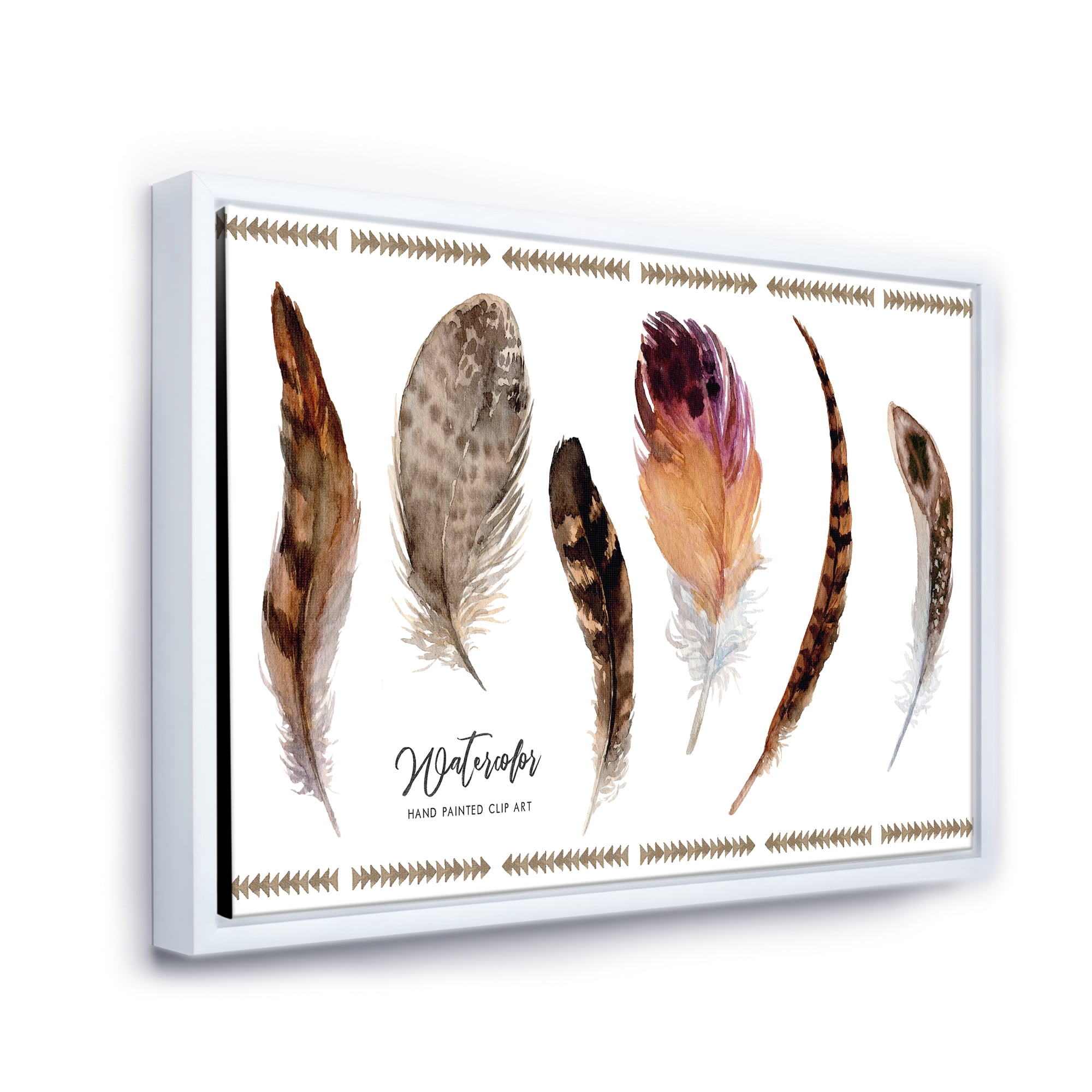 Designart 'Exotic Vibrant Boho Watercolor Feathers' Bohemian & Eclectic Framed Canvas Wall Art Print