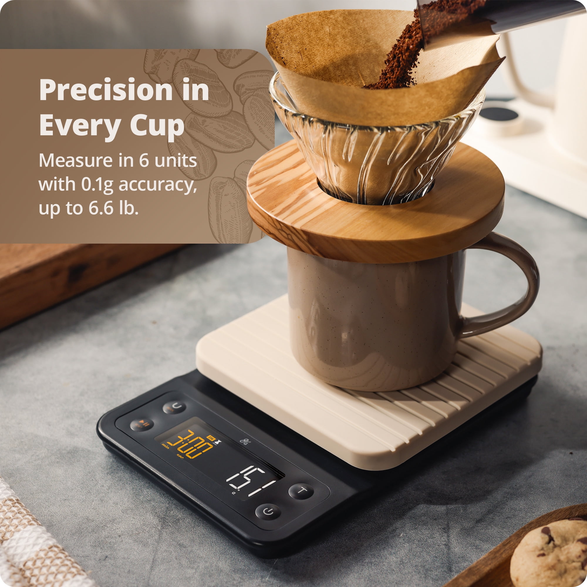 Greater Goods Coffee Scale with Timer, 0.1g Precision, 3kg Capacity, 6-Unit Digital Espresso & Pour-Over Scale, Silicone Waterproof Cover, Auto Shut-Off (Birch White)