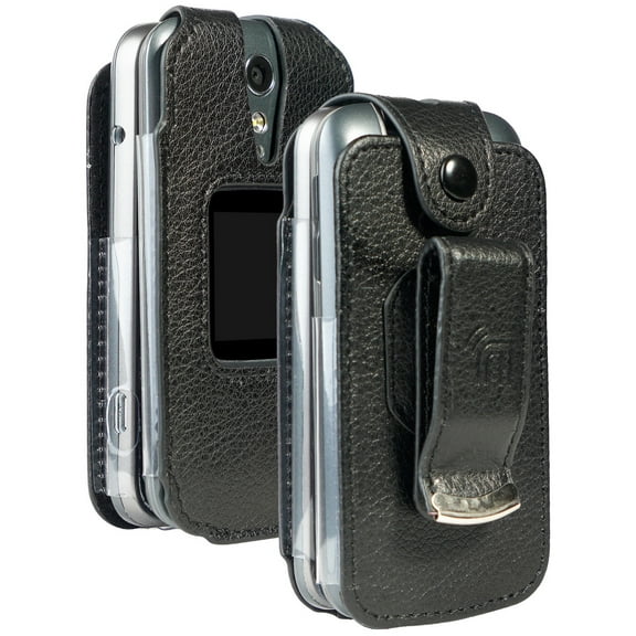 Case for Jitterbug Flip2, Nakedcellphone [Black Vegan Leather] Form-Fit Cover with [Built-In Screen Protection] and [Metal Belt Clip] for Jitterbug Flip 2 Phone (aka Lively Flip) (4053SJ7)