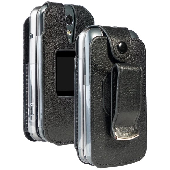 Case for Jitterbug Flip2, Nakedcellphone [Black Vegan Leather] Form-Fit Cover with [Built-In Screen Protection] and [Metal Belt Clip] for Jitterbug Flip 2 Phone (aka Lively Flip) (4053SJ7)