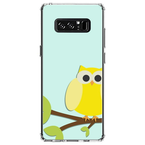 DistinctInk Clear Shockproof Hybrid Case for Samsung Galaxy Note 8 - TPU Bumper, Acrylic Back, Tempered Glass Screen Protector - Yellow Owl Cartoon - Cartoon Owls