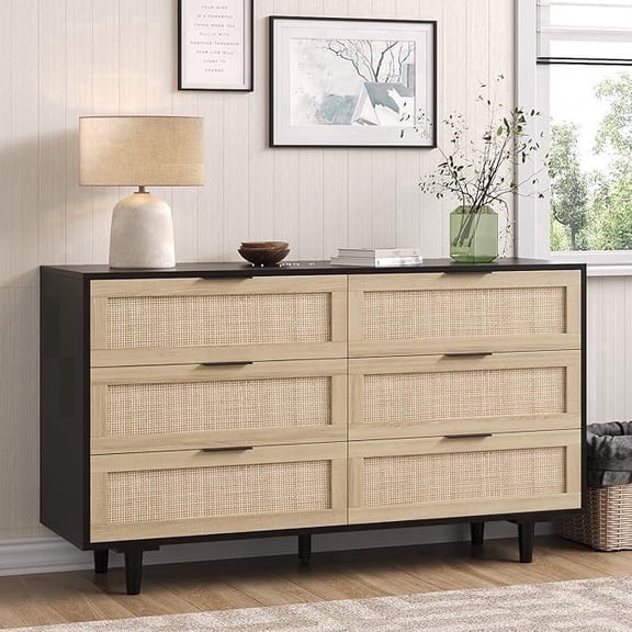 HoopieHome 6 Drawer Wide Dresser Boho Farmhouse Rattan Black 51 Inch