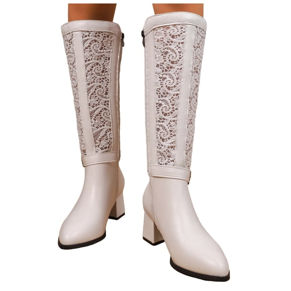 Knee High Boots Women Elegant Hollow Lace Mid Calf Dress Booties Chunky Block Heel Fashion Bucke Strap Side Zipper Long Fall Boots White Size 8