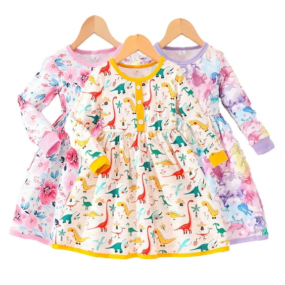 Esaierr Toddler Kids Girls Cotton Dress Flower Print Long Sleeve Dress Little Girls Fall Winter Princess Dresses for 3-7 Years