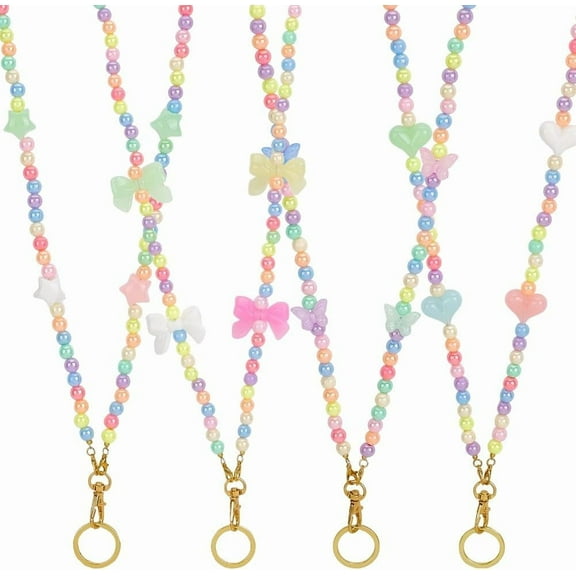 4pcs Colorful Bead Lanyard Acrylic Teacher Lanyard Cute Plastic Bad Mixed Color Id Cards Teacher Necklaces Straps Reels Holder String Lanyards Bulk For Women Adults Nurses Id Badges Keychain for DIY