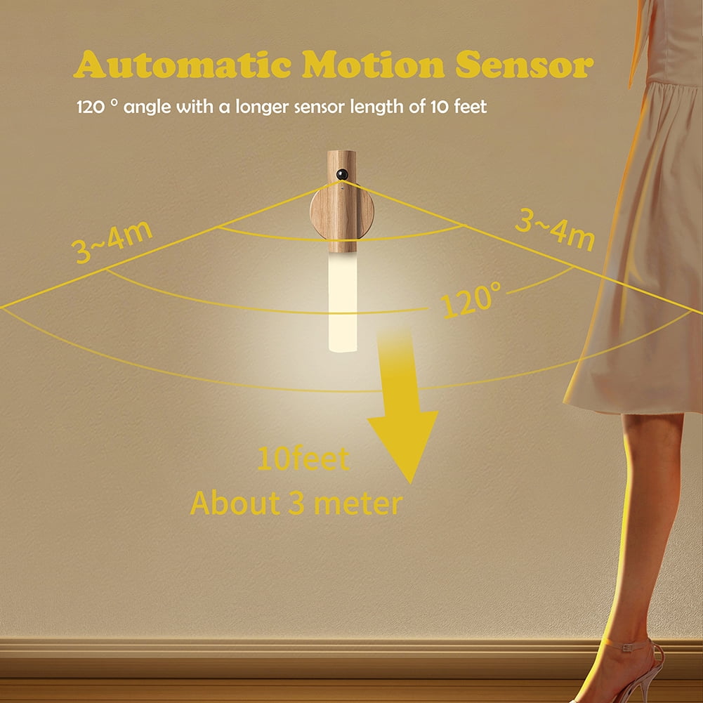 LANDGOO Auto PIR Motion Sensor Night Light LED Magnetic Wall Light Rechargeable Intelligent Wood Wall Kitchen Cabinet Wardrobe Lamp (White Ash Wood)