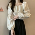 thumbnail image 2 of Whataatahia Top de mujer con cuello cuadrado, busto plisado, manga larga acampanada, lazo trasero, blusa de mujer para cena, fiesta, albaricoque M, 2 of 8