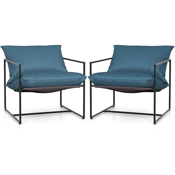 Costway 2 Pcs Fauteuils d'Appoint à Sangle Fauteuils à Accoudoirs à Cadre en Métal avec Coussins en Éponge Amovibles