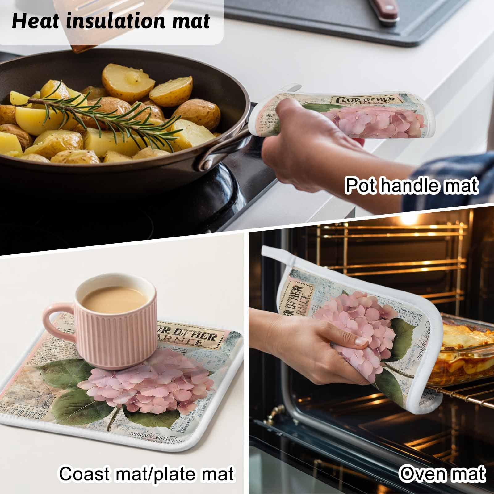 Pink Vintage Floral Pot Holders for Kitchen Heatproof Potholder, 3 Pack Summer Botanical Retro Hot Pads Multipurpose Oven Pads Cloth Potholders Trivet for Cooking Baking