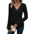 thumbnail image 3 of Womens Long Sleeve Shirts V Neck Ribbed Knit Slim Fit Button Light-Weight Sweater Fall Casual Work Tops Black L, 3 of 9