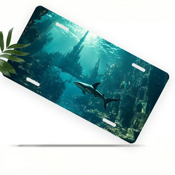 Underwater Ruins and Shark Front License Plate, Metal License Plate, Funny Standard Plates Personalized Novelty Decorative For Men/Women/Boys/Girls Car 6×12 Inch