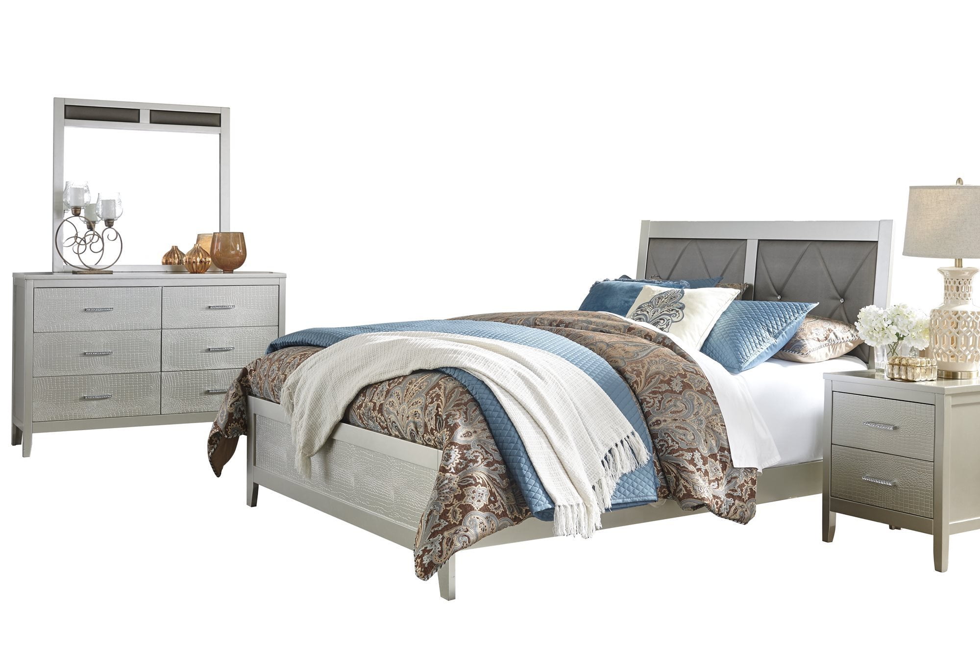 Ashley Furniture Olivet 4 Pc Bedroom Set Full Panel Bed 1 Nightstand Dresser Mirror Silver Walmart Com Walmart Com