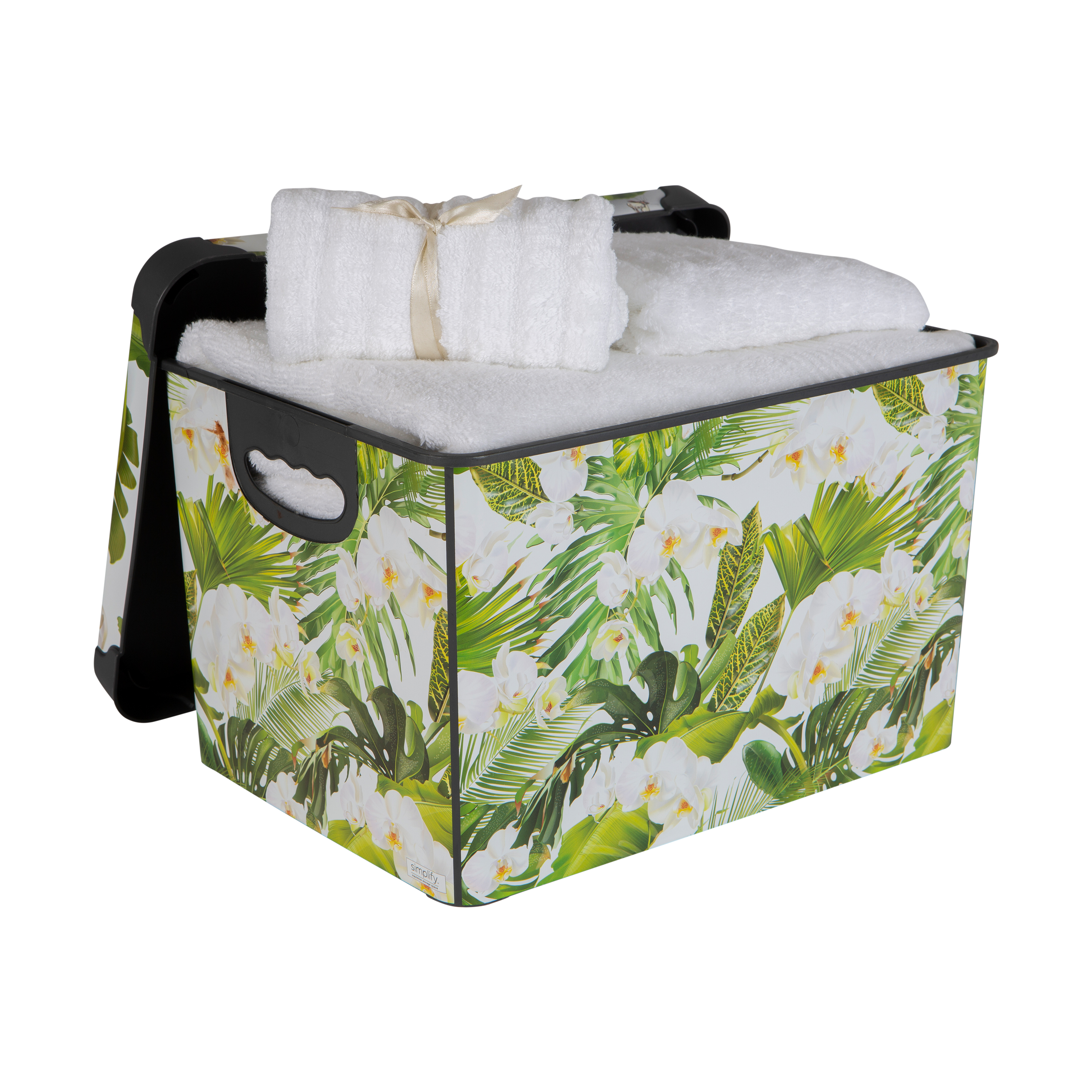 Simplify 2 Pack Tropical Leaf Print Design Plastic Storage Bin, White