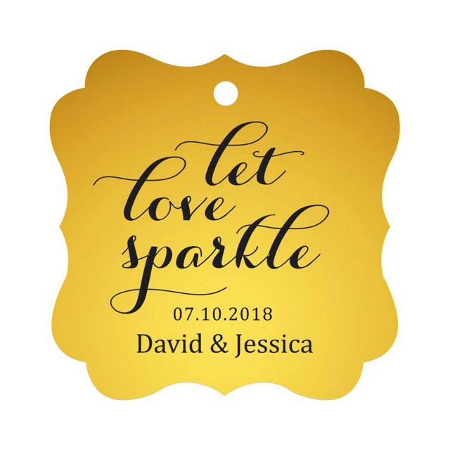 Darling Souvenir Custom Let Love Sparkle Wedding Hang Tags Personalized Fancy Frame Paper Tags -Metallic Gold-50 Tags
