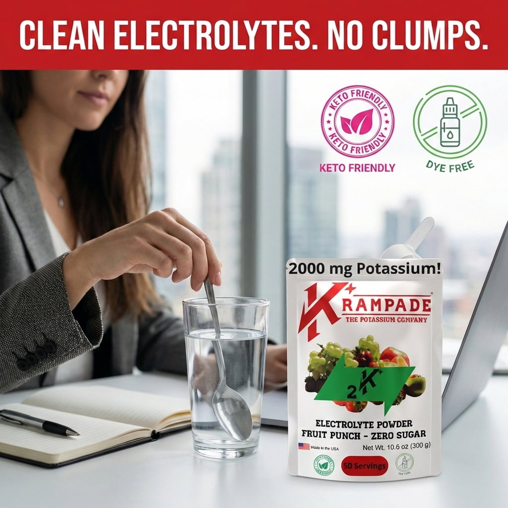 Krampade High Potassium Electrolytes Powder Original Zero Fruit Punch Zero Sugar Cramp Relief Keto 4180mg Electrolytes 2000mg Potassium 50 Servings