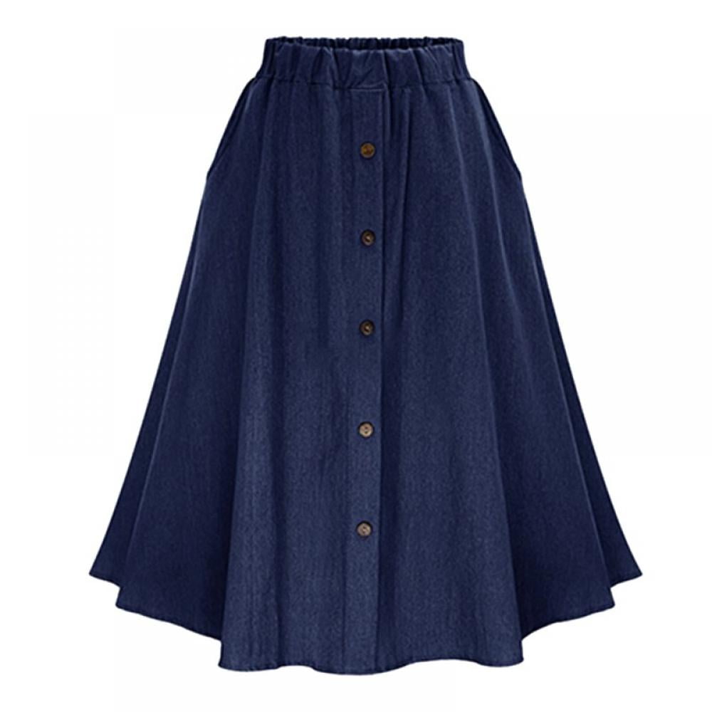 JEFFENLY Women's A Line High Waist Button Pleated Midi Denim Skirt