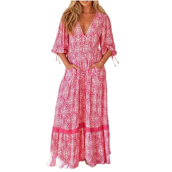 ibuvkizy Women Plus Size Dress,Womens Fashion Summer Dress,Bohemian Printed Long Dress V-neck Button Up Dress Short Sleeved V-neck Ankle Dress,Maxi Dress,Sun Dresses Maxi Dresses for Women 2025