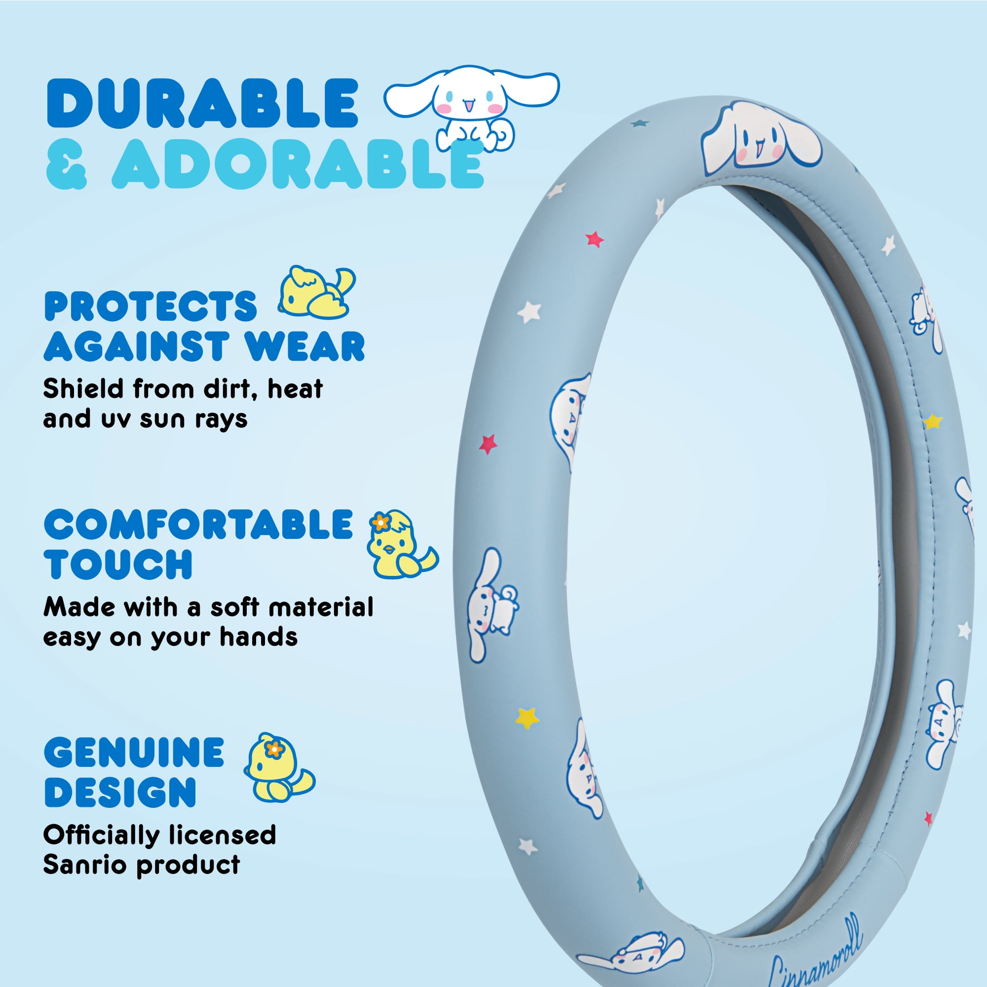 Official Sanrio Hello Kitty Cinnamoroll Steering Wheel Cover with Easy Clip-on Car Air Freshener, Odor Eliminator, Fun Scents