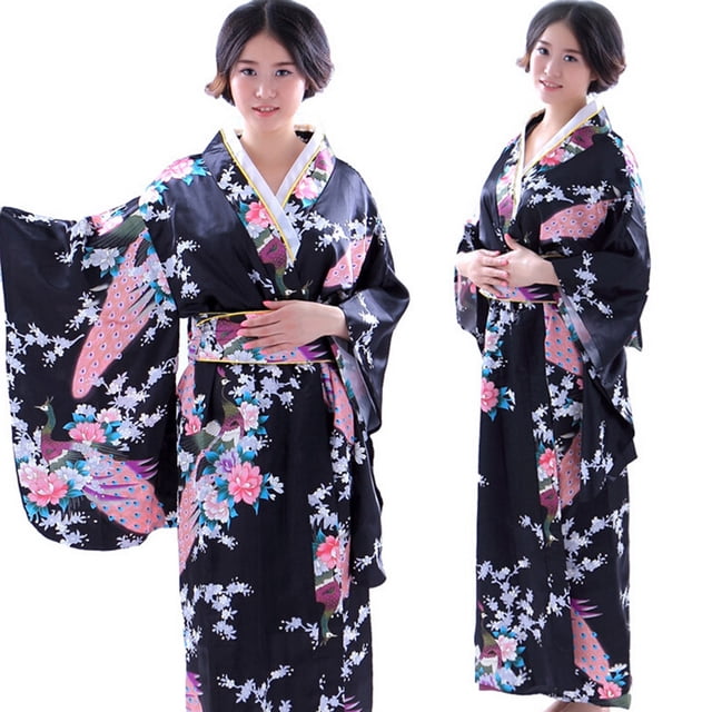 Plus Size Dresses Japanese Print Photography Kimono Traditional Robe Maxi Dress Black One Size