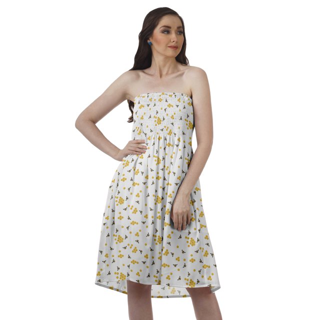 Moomaya Robe d'Été Sans Bretelles pour la Plage Imprimée Décontractée Smockée pour Femmes