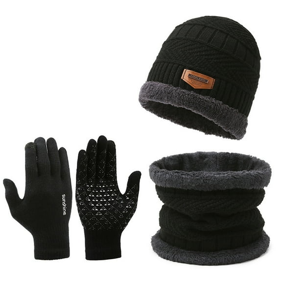 D-GROEE Winter Beanie Hat Scarf Touchscreen Gloves Set for Men, Beanie Gloves Neck Warmer Set with Warm Knit-Black