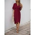 thumbnail image 4 of Gdvsclr Short Sleeve Dresses for Women V Neck Pleated Slim Fit Flowy Swing Shift Irregular Midi Dress Claret S, 4 of 8