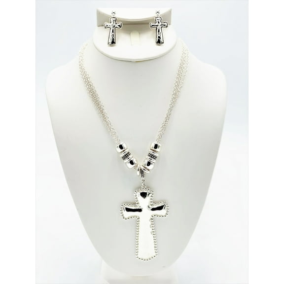 Clip on silver chain bead xlarge cross pendant necklace and earring set