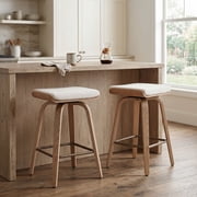 Guyou 26 Swivel Counter Height Bar Stools Set of 2, Modern Backless Counter Height Bar Stools with Linen Upholstered, Farmhouse Bentwood Saddle Seat Wooden Island Chairs for Kitchen Pub, Beige