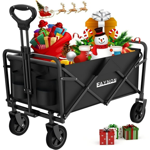 Collapsible Folding Wagon Cart, Beach Wagon Cart, Heavy Duty with Universal Wheels & Adjustable Handle, with 200lbs Weight,for Camping, Shopping, Sports, Garden and Beach,Black