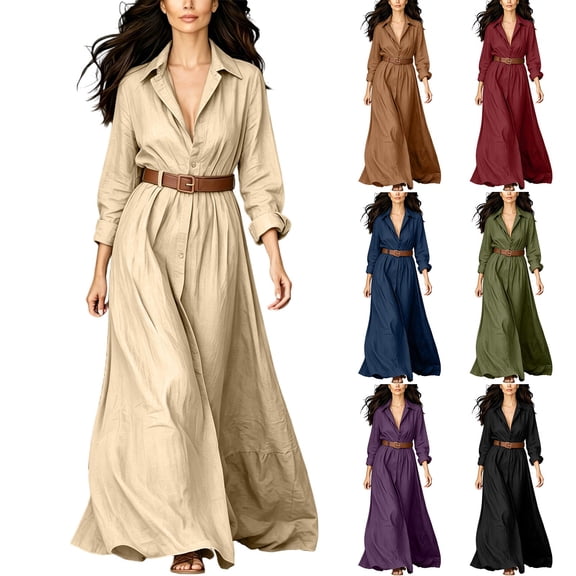 Women's Collared Button Front Shirt Maxi Dress, Long Sleeve Waist Tie Belted Dress, Casual Commuter Vacation Flowy Long Dress for Summer Outfits Beige XL(XL)