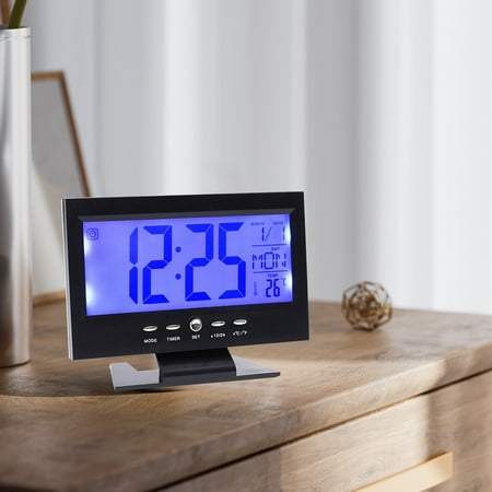 Kugisaki Digital Alarm Clock with Large Display,LCD Digital Sound Sensor Table Desk Alarm Clock with Calendar and Temp Display