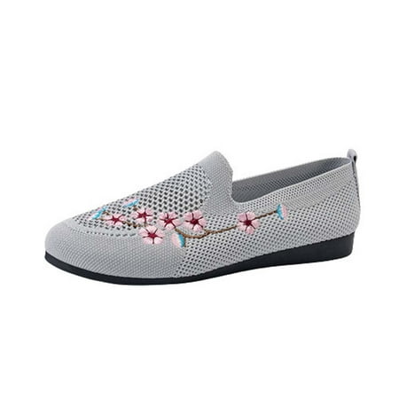 Women s Slip On Sneakers Casual Loafers Vintage Shoes Clearance Female Solid Color Flats Shoes Lightweight Flowers Embroidery Soft Sneakers Casual Shoe Gray 7