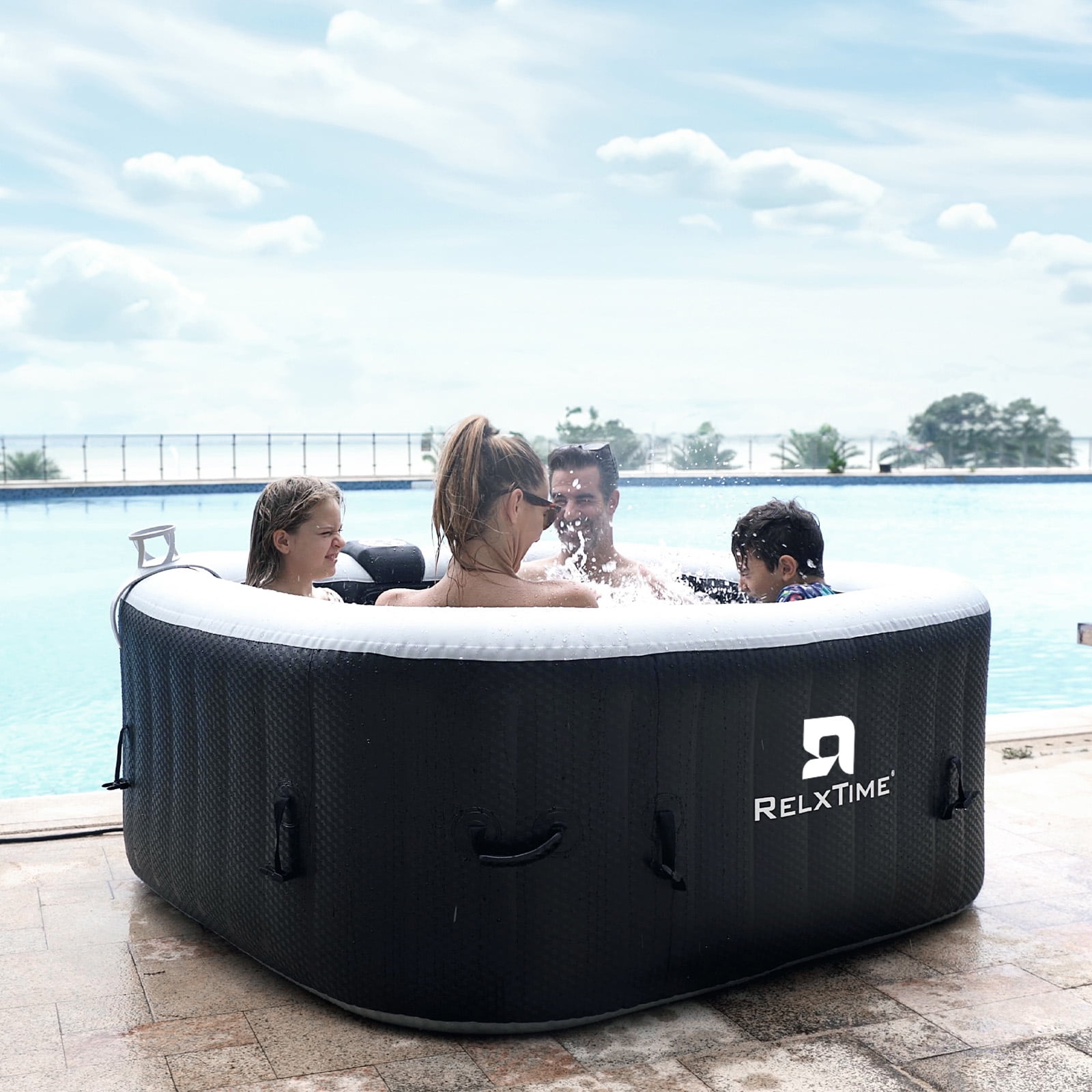 RELXTIME Inflatable Hot Tub Spa Square Portable Outdoor Pool with 120 Massage Jets for 2-3 Person, Black