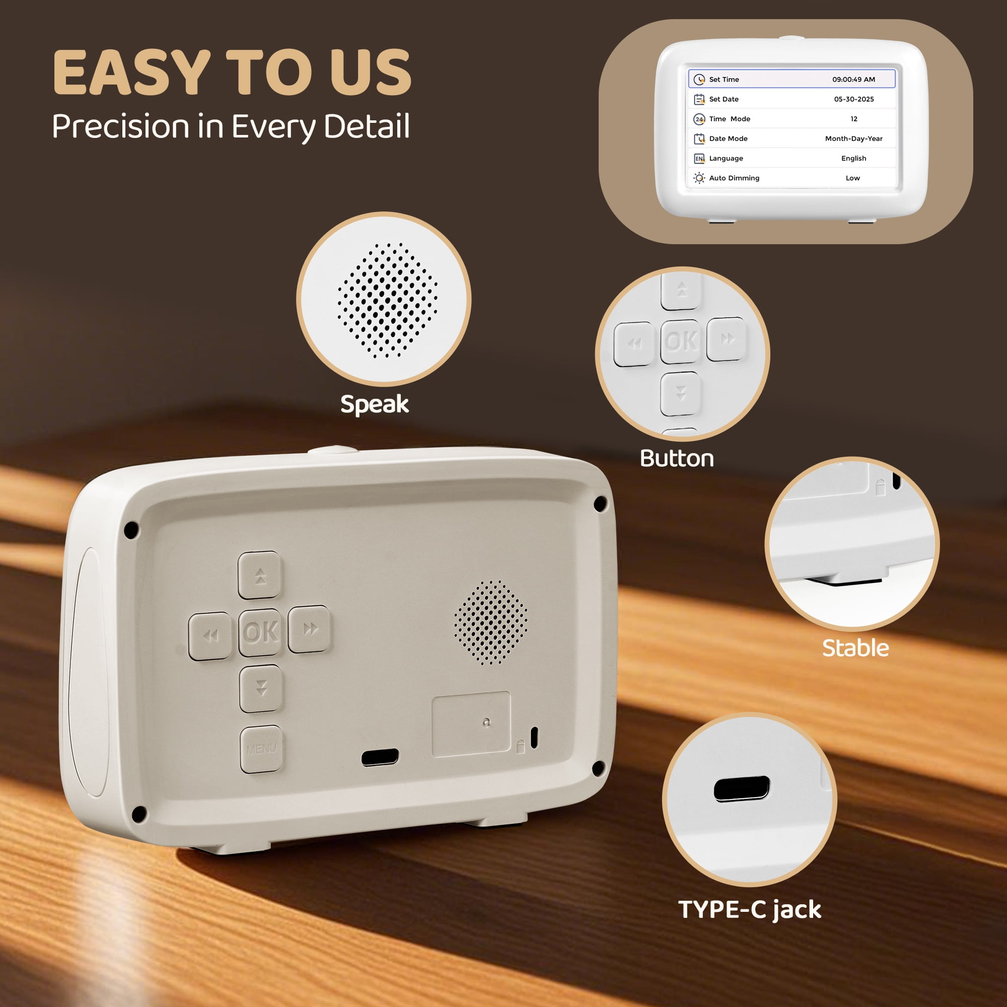Mitoart 4.3" Small Digital Alarm Clock for Bedroom with Multiple Alarms and Voice Announcement Time, White