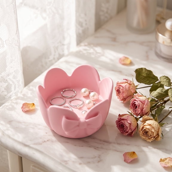 Pink Bow Jewelry Trinket Dish Organizer – Small Decorative Vanity Tray for Rings, Keys, Coins and Cosmetics, Cute Room Decor Gift